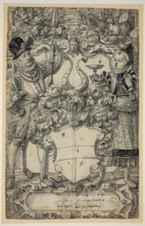 The Arms of Habsberg Flanked by an Elegant Couple, 1587, Daniel Lindtmayer, Swiss, 1552-c. 1606,