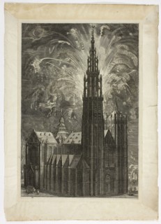 Firework around the Antwerp Cathedral, plate 41 from Casperius Gevartius, Pompa Introitus Honori