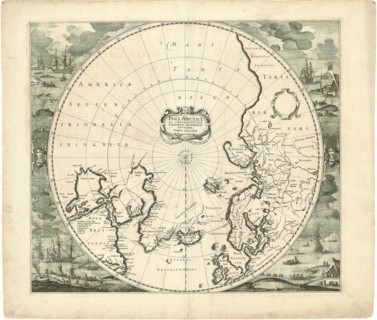 Map, Poli Arctici, et circumiacentium terrarum descriptio novissima., Copperplate print