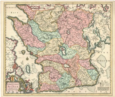 Map, Nova Gothiae australis sive Scaniae descriptio auctore Cornelis Danckerts A. Schut schulp,