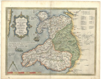 Map, Cambriae typvs, Humphrey Llwyd (1527-1568), Copperplate print