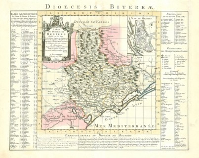Map, Carte du diocese de Beziers, Guillaume Delisle (1675-1726), Copperplate print