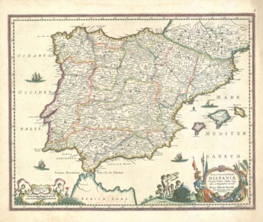 Map, Nova et accurata tabula Hispaniae, praecipuis urbibus, vestitu, insignibus, et antiquitatibus