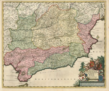 Map, Regnorum Castellæ novæ, Andalusiæ, Granadæ Valentiæ, et Murciæ accurata tabula, in episcopatus