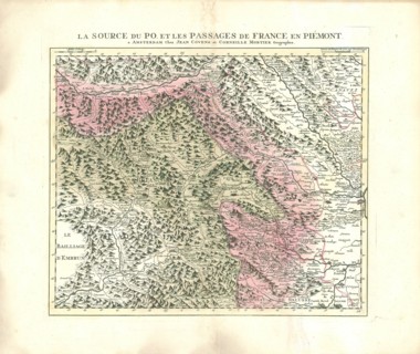 Map, La source du Po, et les passages de France en Piémont, Copperplate print