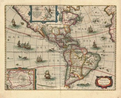 Map, America noviter delineata, Henricus Hondius (1597-1651), Copperplate print
