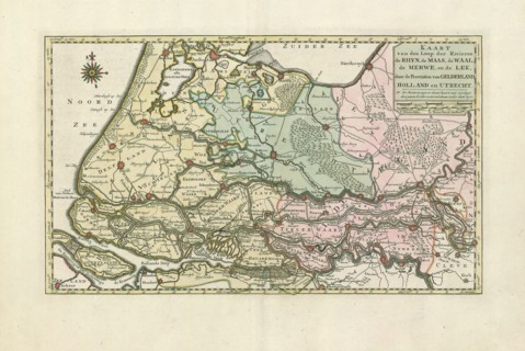 Map, Kaart van den loop der rivieren de Rhijn, de Maas, de Waal, de Merwe, en de Lek, door de