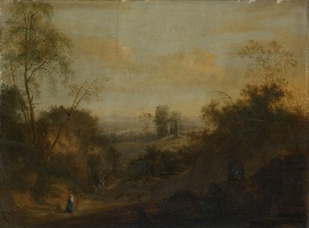 Landscape with Ruins and Staffage, Oil on Oak, 38 x 50.5 cm, Unmarked, Französischer Meister, 18.