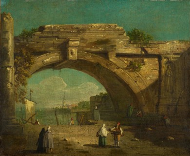 Capriccio with arch of ruins and mooring, oil on canvas, 34.6 x 42.3 cm, unmarked, Giovanni Antonio