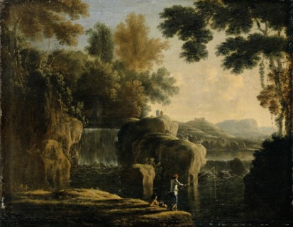 Waterfall with fishermen, oil on canvas, 38 x 47 cm, unsigned, Herman van Swanevelt, (?), Woerden