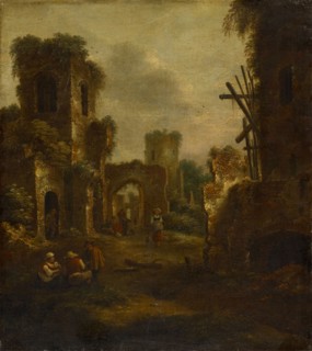 Castle ruins with staffage, 1658, oil on canvas, 44 x 39.5 cm, right above the entrance arch to the