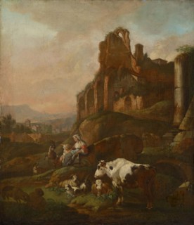 Shepherdess and flock at ancient ruins, 1667, oil on canvas, 75 x 65 cm, signed and dated on the