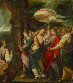 The hl., Ursula with her companions, oil on canvas, 87 x 77 cm, unmarked, Deutscher Meister, 16. Jh