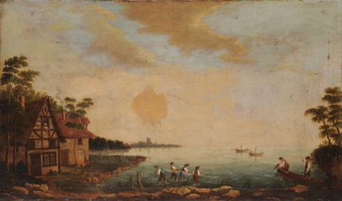 Landscape with fishermen at a bay, oil on canvas, 65 x 112.5 cm, unsigned, Basler Meister, 18. Jh.