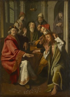 Judas returns the silver pieces, oil on canvas, 140 x 102 cm, Signed in the middle below the