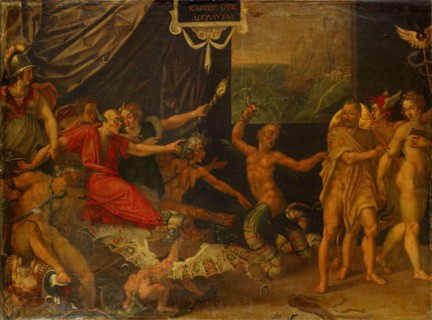 The slander of Apelles, c. 1600-1610, mixed media on canvas, 124 x 168 cm, unmarked., Inscription