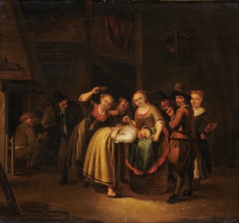 Slipper game in a tavern, oil on canvas, 39 x 36 cm, Signed on the floor below the main character:
