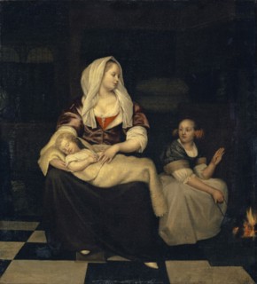 Mother with child and maid, oil on canvas, 39.5 x 36.2 cm, unsigned, Jacob Ochtervelt, Rotterdam