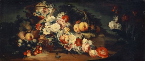 Stone vase with flowers and fruits, oil on canvas, 47 x 109 cm, unmarked, Niederländischer Meister,