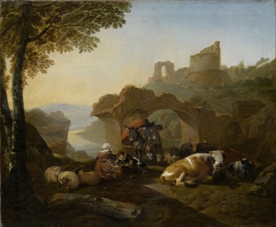 Resting shepherds, 1660, oil on canvas, 67.5 x 82 cm, signed and dated left on the lying tree trunk