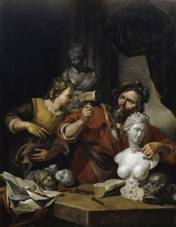 Sculptor's studio, after 1680, oil on canvas, 54.5 x 42.5 cm, signed on the right edge of the