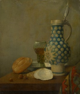 Still life with jug and glass, oil on canvas, 45 x 36.5 cm, remains of a signature in red on the