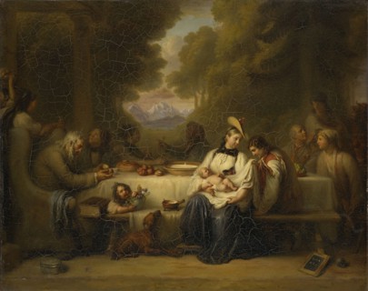 The outdoor dinner, oil on canvas, 72.5 x 90.5 cm, Unmarked., On the plaque lower right: V I XX, II
