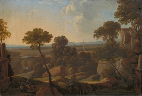 Greek Landscape with Temple, Obelisk and Grave Stele, oil on canvas, 35.5 x 52 cm, unsigned, Peter