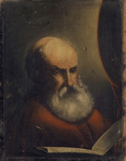 The hl., Hieronymus, oil on canvas, lined with paper, 41.5 x 31.5 cm, unsigned., Top right: S