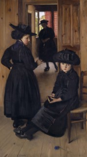 Valais girl in front of the church, oil on canvas, 159 x 89 cm, signed lower left: C. GIRON.,