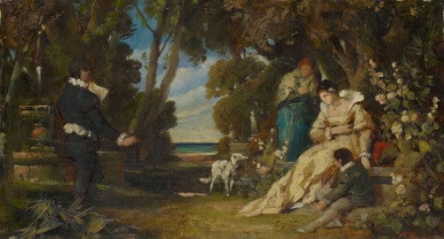 Tasso and the two Eleanors, oil on canvas on cardboard, 21.2 x 39.2 cm, signed lower right in red: