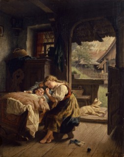 Interior with sleeping brothers and sisters, oil on canvas, 70.5 x 56.5 cm, signed lower right: R.