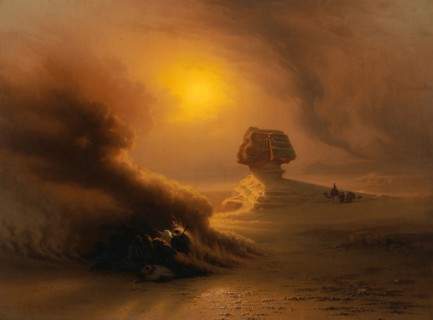 A caravan surprised by the Samum in front of the Sphinx, 1849, oil on canvas, 67.5 x 91 cm, signed
