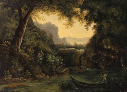 River landscape with naked skipper in the barge, 1822, oil on canvas, 28.5 x 40 cm, signed and