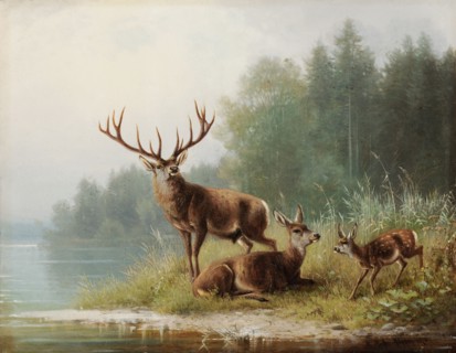 Deer at the lake, 1876, oil on canvas, 27.5 x 35 cm, signed, inscribed and dated lower right: M.