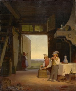 Children play soap bubbles in the hallway, oil on canvas, 33 x 27.5 cm, signed lower right: Veerhas