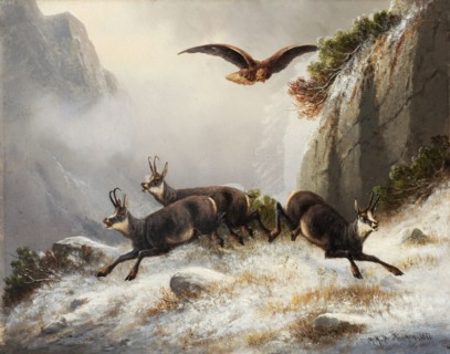 Chamois pursued by Adler, 1877, oil on canvas, 28 x 35 cm, signed, inscribed and dated lower right: