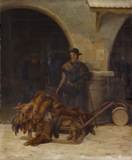 Hunter with animal skins, oil on canvas, 49.5 x 41.5 cm, signed lower left: X. Schwegler, Xaver
