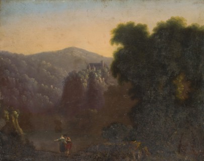 Landscape with mountain lake and castle in the background, oil on zinc sheet, 29 x 36.5 cm,