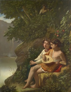Children playing music overheard by a nymph, 1864, oil on canvas, 126.1 x 97.9 cm, signed lower