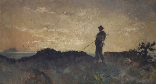 Swineherd in rocky landscape by the sea, oil on canvas, mounted on fiberboard, 62 x 112 cm, not