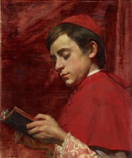 Reading choirboy, oil on canvas, 55 x 46 cm, Signed upper left: LAmans [A surrounded by L], Louise