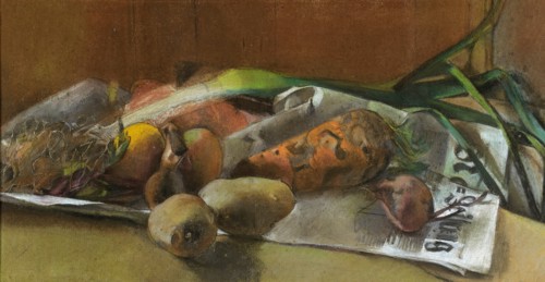 Vegetable still life, pastel on paper, on cardboard, 24.5 x 47 cm, signed lower right: Neuhaus,