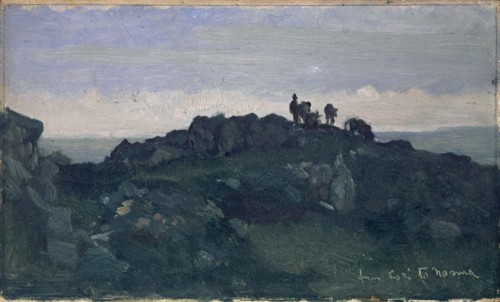 Rocky landscape by the sea with herdsman and cows between Cori and Norma, oil on panel, 14.5 x 24.5