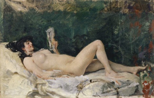 Reading girl lying on bed, oil on canvas, 22.5 x 35 cm, unmarked, Frank Buchser,