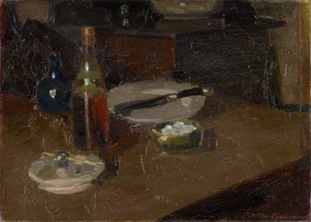 Still Life with Plate and Bottle, 1910, oil on canvas, 25 x 34 cm, signed and dated lower right: A.