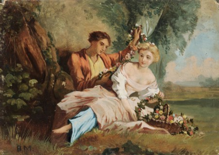 Schäferidyll Renaud et Armide, oil on cardboard, 15 x 19.5 cm, monogrammed lower left: B.M.,