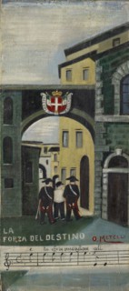 La forza del destino, oil, plywood, 37.5 x 16.5 cm, Inscribed and signed on the front: Carceri
