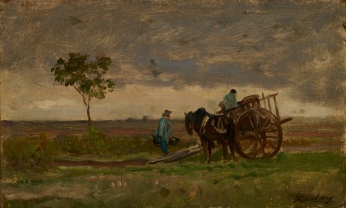 Wide landscape with farm carts, oil on oak wood, 14 x 23.1 cm, signed lower right: Daubigny,