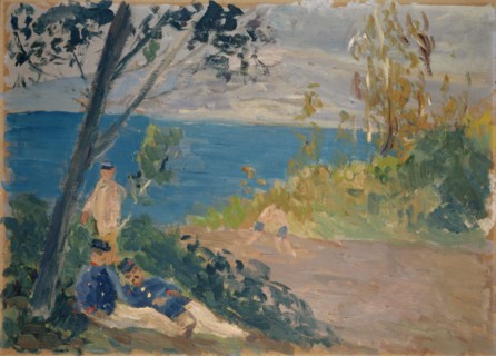 Siesta of the frontier guards on the seashore, oil on board, 47.5 x 63 cm, unmarked, Ernst Schiess,